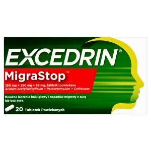 Excedrin Migra Stop, Экседрин Мигра Стоп 250 мг + 250 мг + 65 мг, 20 таблеток. Обезболивающее, противовоспалительное и жаропонижающее.