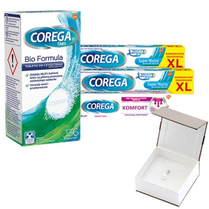 Corega набор, фиксирующий крем, 40 г + фиксирующий крем Super Strong, 2 x 70 г + таблетки для чистки зубных протезов, 136 таблеток + дополнительный кулон с жемчугом Apart