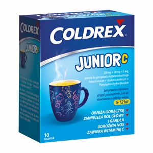 Coldrex Junior C 0,3 г + 0,02 г + 5 мг, лимонный ароматизатор, 10 пакетиков